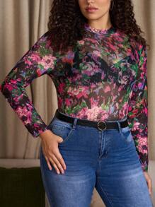 SHEIN Tall CURVE 加大花卉印花立领网眼上衣无胸罩透明上衣 - 彩色 - 查看 5