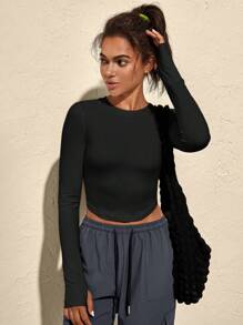 VARSITIE 户外徒步纯色长袖修身短款女式运动 T 恤和背心 - 黑色 - 查看 3