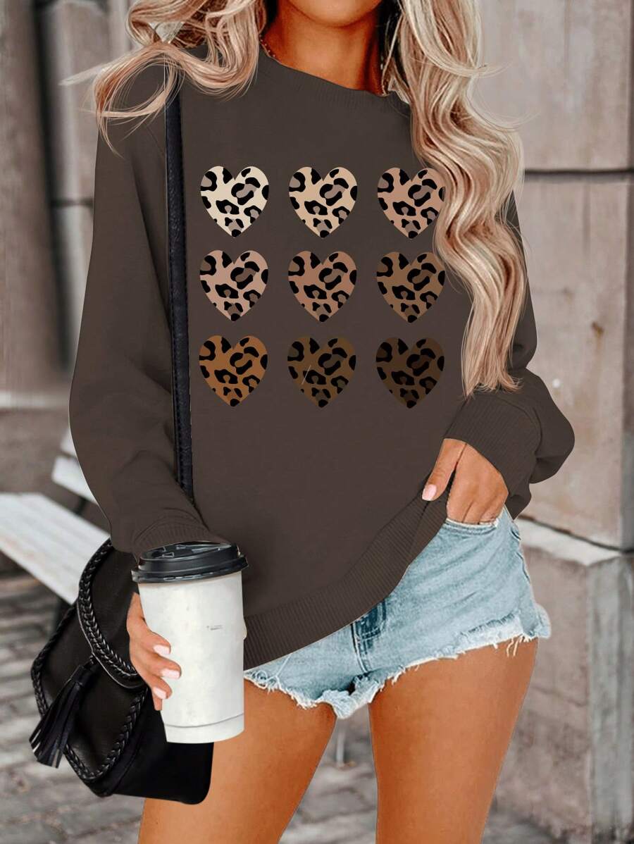 SHEIN LUNE Áo sweatshirt nữ kiểu dáng thường ngày in họa tiết da báo và hình trái tim, thích hợp cho mùa thu. - Cà phê nâu - Xem 1