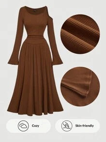 SHEIN MOD Váy dài ngang gối dệt kim màu nâu bất đối xứng cổ điển cho nữ mùa thu, váy mùa đông, váy - màu nâu - Xem 1