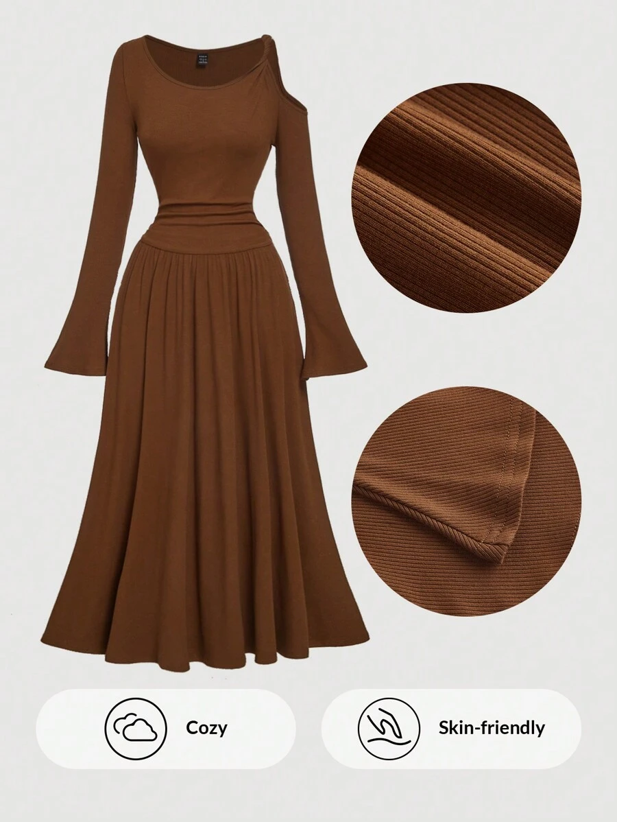 SHEIN MOD Váy dài ngang gối dệt kim màu nâu bất đối xứng cổ điển cho nữ mùa thu, váy mùa đông, váy - màu nâu - Xem 1