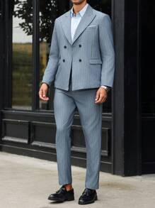 Manfinity Bizformal 2 件男士商务通勤西装套装：条纹立领双排扣长袖外套和裤子，秋季 - 深灰色 - 查看 3