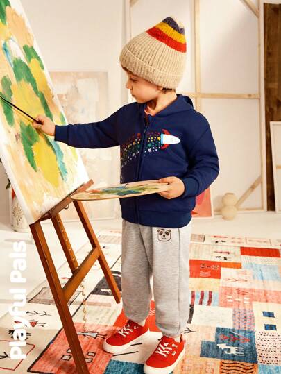 SHEIN 1pc Young Boy Cute/Vintage/Casual Back To School Rocket & Star Graphic Zip-Up Sweatshirt For School And Outdoor, Spring/Autumn/Winter
