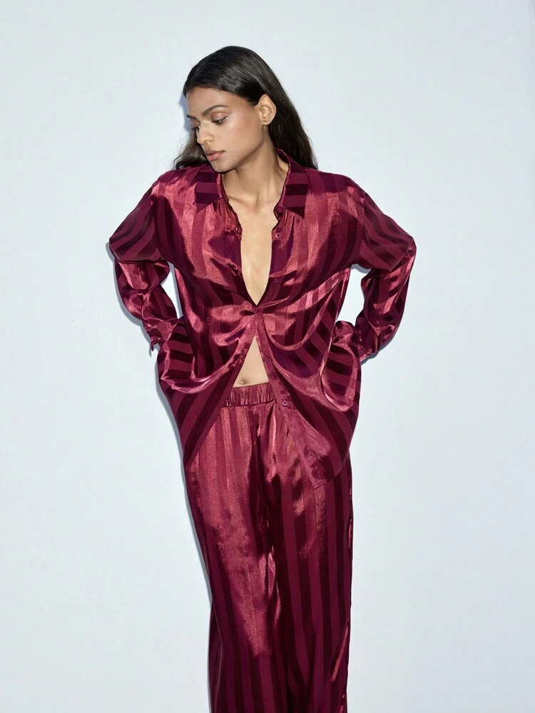 SHEIN Maija 2pcs Women Casual Maroon Solid Color Striped Loose Blouse Top And Pants Set, Button Down Long Sleeve Shirt And Pants, Autumn/Winter