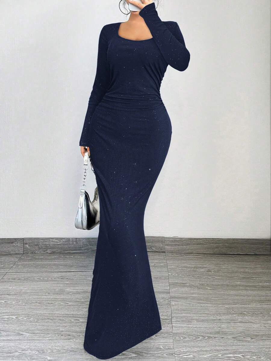 SHEIN SXY Vestido largo de mangas largas con cuello cuadrado brillante, cintura fruncida y ajustado, elegante y glamoroso, apropiado para citas, reuniones, cumpleaños y fiestas