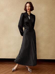 MOTF PREMIUM SATIN POLKA DOT PRINT RHINESTONE WAIST LONG SKIRT - Black - View 7