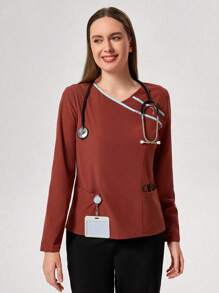 TaskEZ 1 件女式 V 领长袖口袋手术服上衣