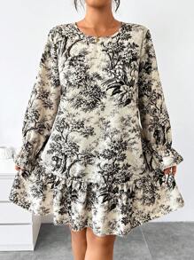 Calvaya Plus Size Women's Autumn Floral Print Round Neck Flare Sleeve Ruffle Hem Dress