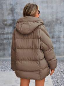 RueChic Zip Up Hooded Puffer Coat - Chocolate Brown - View 2