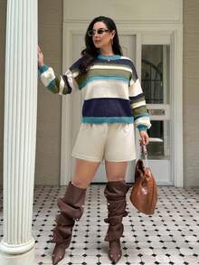 SHEIN Frenchy Plus Size Elegant Casual School Style Striped Contrast Color Round Neck Loose Basic Pullover Sweater, Plus Size, For Winter - Multicolor - View 11