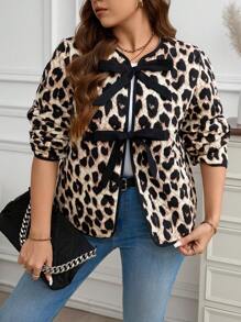 SHEIN LUNE 大码前系带豹纹休闲夹克，长袖大码秋装感恩节服装女士新年女装冬装冬装女士狂欢服装，适合冬季