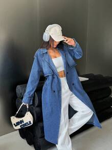 SHEIN EZwear Women's Casual Long Sleeve Mid-Length Blue Denim Jacket - Blue - View 6