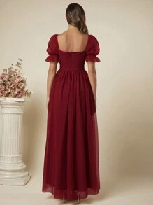 SHEIN Belle Solid Color Short Sleeve Pleated Simple Long Bridesmaid Dress For Adult, Elegant Dress