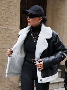 EURMUSE Biker Style, Contrast Fur Inside Puffer Winter Coat - Black - View 6