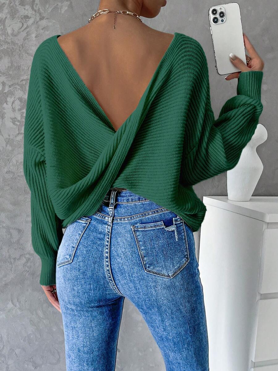 EMERY ROSE Women Casual Solid Color Cross Wrap Back Dropped Shoulder Loose Ribbed Knit Sweater, Long Sleeve Top Knit Pullover Fall Winter - Dark Green - View 1