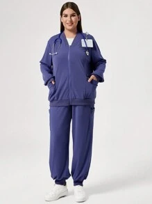 TaskEZ Conjunto de uniforme de pantalón y blusa de unicolor con bolsillo con cremallera, conjunto de ropa de trabajo de otoño para tallas grandes - Azul - Ver 5