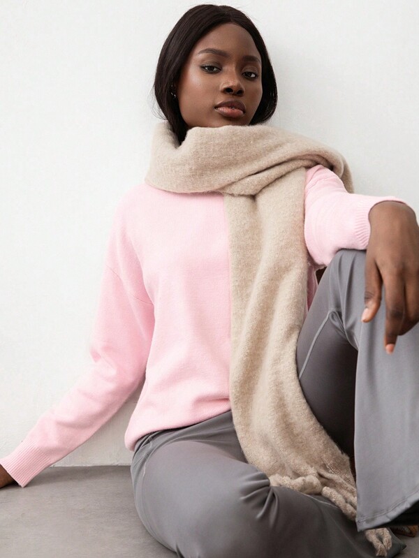 TRNVIE 1pc Women Casual Daily Round Neck Loose Knit Long Sleeve Pullover Sweater, Pink, Autumn/Winter