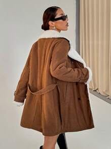 Flirla Abrigo casual de mujer con solapa, de pana, de doble botonadura, con cinturón y de largo medio, para otoño/invierno