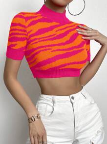 Chiquease 女士立领短袖简约短款休闲针织上衣 - 玫紅色 - 查看 6