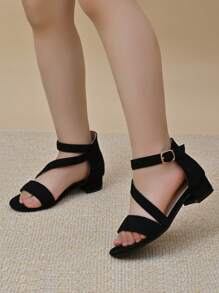 1 Pair Girls Black Elegant High Heel Sandals, Suitable For Summer