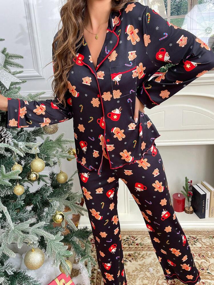 Conjunto de pijama de manga larga con estampado de patrones navideños y bloque de color en el cuello - Negro - Ver 3