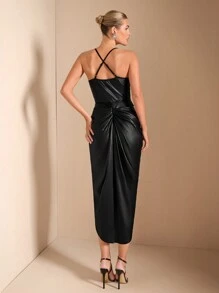 SHEIN BAE 女士优雅垂坠领口不对称荷叶边天鹅绒连衣裙，适合日常约会、郊游、夜总会、派对和庆祝活动