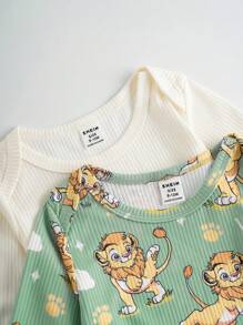 SHEIN 2pcs/Set Baby Boy Lion Print Long Sleeve Romper Outfit, Spring/Autumn