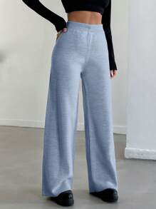 SHEIN Cottnline Women High Waisted Straight Leg Knitted Pants, Fall & Winter - Blue - View 4