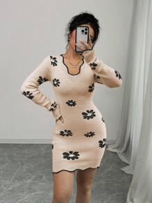 Chiquease 女式秋冬弧形下摆 V 领长袖花卉图案毛衣连衣裙