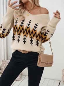 SHEIN LUNE Pull tricoté bohème à motif col en V décontracté pour femme, automne hiver