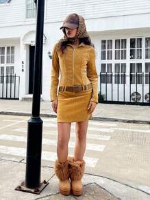 SHEIN 少女前拉链长袖简约短款休闲连衣裙 - 棕色 - 查看 9