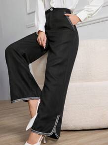 Modelyn Women's Elegant Woven Black Rhinestone Button Straight Leg Trousers Fall Cloth For Women - Black - View 3