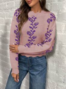 SHEIN LUNE 1pc Women Elegant Shell Trim Blue & White Porcelain Print Long Sleeve Sweater