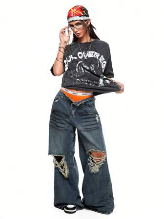 Grunge Punk Vintage Damen Street Fashion T-Shirt mit zerstörtem Schneeflocken Grafik, Darstellung Street Style Mädchen, Sommer