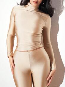 VaVaBold Bộ 2 món cho nữ Áo cổ lọ tay dài màu trơn và quần dài bó, gợi cảm, thu/đông - Màu Khaki - Xem 4