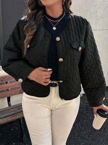 SHEIN Clasi Plus Women Black Casual Crew Neck Long Sleeve Short Fitted Cushion Coat, Quần áo mùa đông cho nữ - màu đen - Xem 2