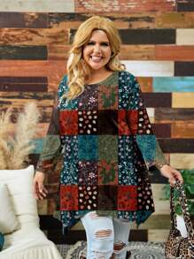 Mellowie Damen Große Größen Retro Blumen Karo Muster Lässig Asymmetrischer Saum Rundhals Loose 3/4 Arm T-Shirt, geeignet für Herbst/Winter