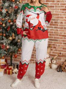 EMERY ROSE Conjunto de 2 piezas de ropa para mujer de talla grande, con parte superior holgada con botones y estampado de Papá Noel y pantalones, conjunto de ropa de otoño