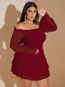 SHEIN BAE Plus Size Fall Sweet And Sexy Ruffle Texture Off-Shoulder Long-Sleeved Pleated Layered Ruffle Mini Dress - Burgundy - View 3