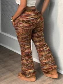 Slaydiva Pantalones acampanados de punto con cuello en V y cintura cruzada, pantalones largos esponjosos para mujer