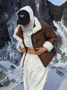 Aveloria Affinna Ins Style Casual Street Snap Brown & White Fluffy Collar Short Padded Padded Coat, Winter Clothes Wear For Women