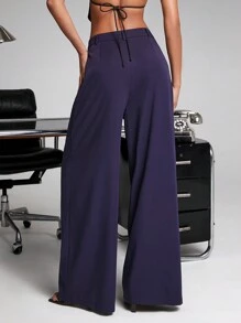 Hauture 秋季女装，女士海军蓝纯色优雅阔腿高腰裤，带褶腰和口袋。适合晚会、办公室着装、商务休闲装、正式女装、外出、日常着装、商务休闲女装、商务女装 - 藍色 - 查看 5