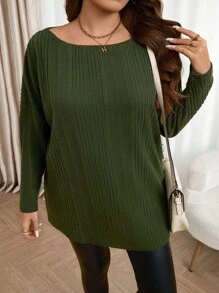 SHEIN LUNE Plus Size Solid Color Ribbed Loose T-Shirt, Casual & Simple, Autumn Plus Size Fall Clothes