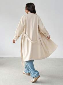 SHEIN PETITE 女士纯色前扣长袖口袋基本款夹克，休闲日常穿着 - 米色 - 查看 2