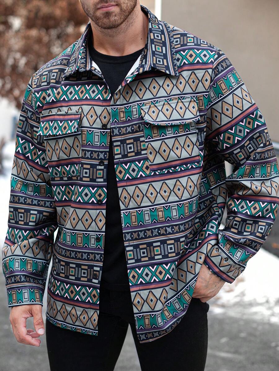 Manfinity Homme Men's Button-Front Long Sleeve Pocket All-Over Print Casual Jacket - Multicolor - View 1