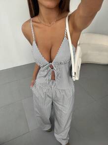 Flirla 2 件套女士夏季时尚外出条纹系带吊带背心和阔腿裤 - 灰色 - 查看 4