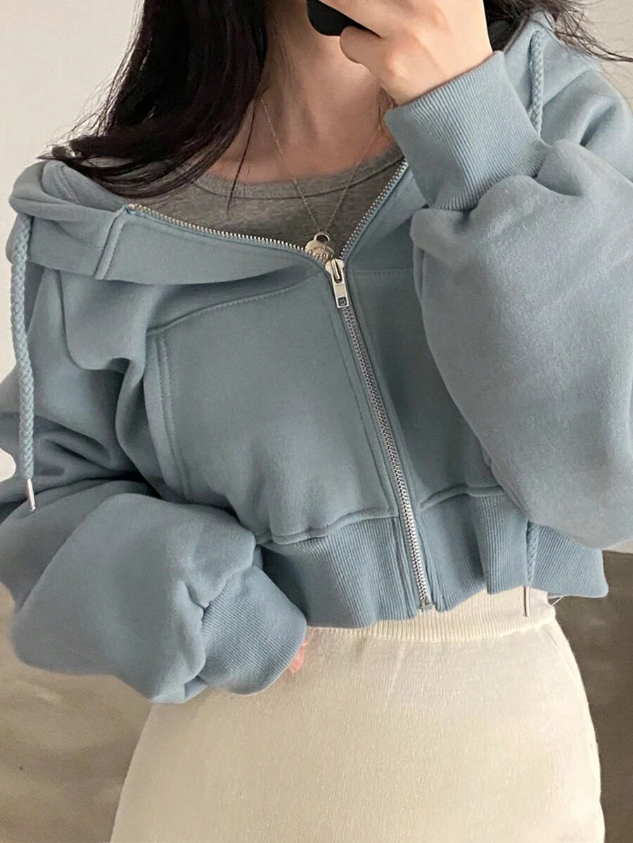 DAZY 女士休闲拉链抽绳连帽衫，秋季女装夹克 - 霧霾藍 - 查看 1