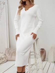 SHEIN Clasi 女士法式简约休闲长款毛衣连衣裙 - 白色 - 查看 5