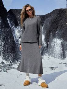 Aveloria Affinna Conjunto de 2 piezas de suéter de cuello redondo con dobladillo rizado y falda larga de punto holgado, estilo retro, para uso cómodo en otoño/invierno