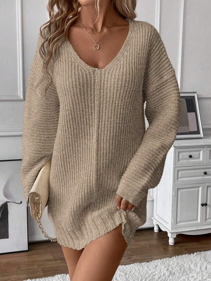 EMERY ROSE Oversized V-Neck Knit Sweater Dress, Casual Loose European & American Style Solid Color Pullover, New Design Fall Winter Cloth For Women - Khaki - View 1